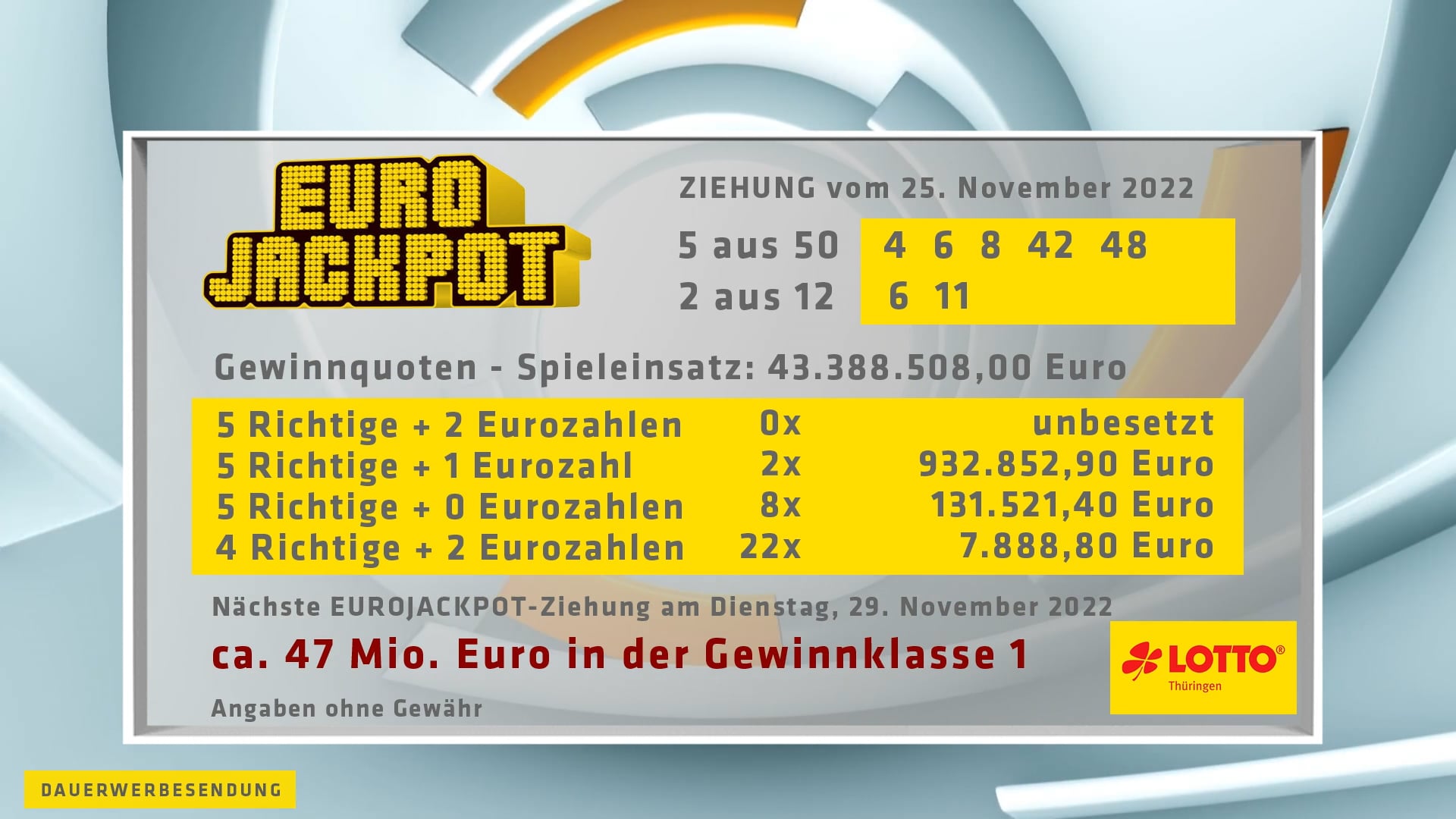 EUROJACKPOT vom 25. November 2022 - Rennsteig TV